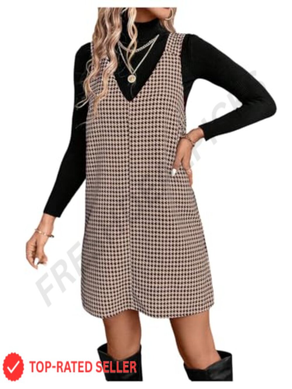 Houndstooth Print V Neck Sleeveless Pinafore Overall Short Dress